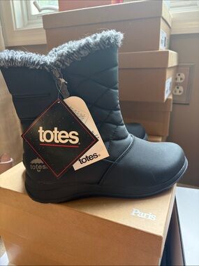 totes Black Quilted Faux-Fur Trim Winter Slip-On Boot